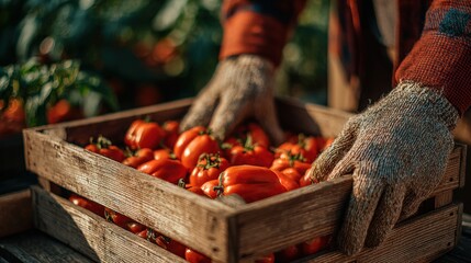 Hands of a farmer wearing gloves, carefully handling a wooden crate filled with vibrant red bell peppers, showcasing the harvest process in a lush agricultural setting