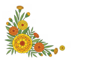 Corner floral arrangement of marigolds and green leaves.