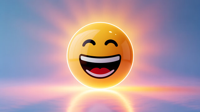 A glowing laughing emoji with a radiant background and reflective surface