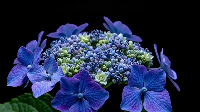 Vibrant blue hydrangea flower blossoms unfurling with delicate petals in stunning macro detail against a dark background