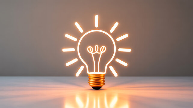 Illuminated light bulb with glowing filament and sun-like rays, symbolizing innovation and ideas