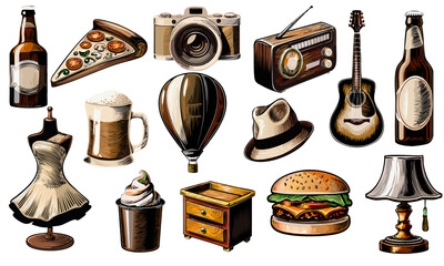 Assorted Objects Illustration: This illustration showcases a collection of diverse items, from vintage camera to a tasty pizza, embodying a vintage aesthetic.