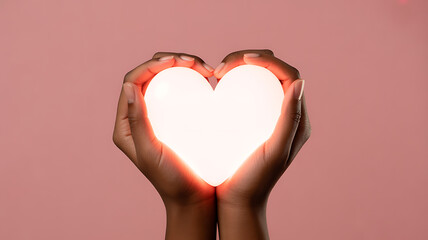 Hands holding a glowing heart-shaped light against a soft pink background