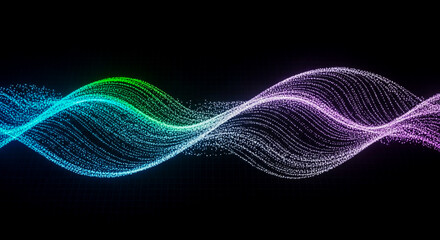 Abstract flowing wave of colorful glowing particles on a dark background