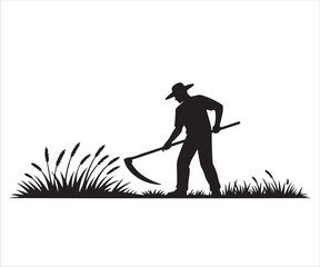 Black silhouette illustration of farmer cutting grass with scythe, concept for agriculture, rural work, harvesting, traditional farming, countryside lifestyle, manual labor, vintage tool and agricultu