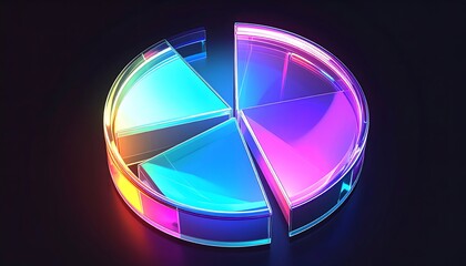 Vibrant 3D Glass Pie Chart with Neon Glow on Dark Background - Data Visualization Concept