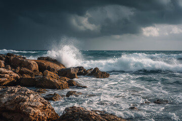 A stormy coastline scene with waves smashing against rocks, storm clouds looming overhead, and dramatic ocean spray filling the air.