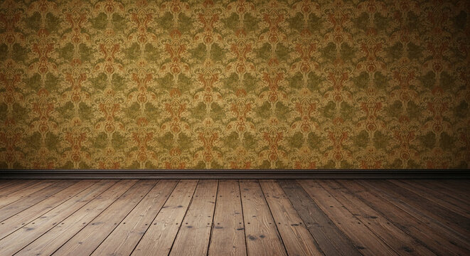 Empty room with brown wood floor and vintage green-brown patterned wallpaper, showcasing a blank space ideal for design mockups or backgrounds, evoking nostalgia and vintage style