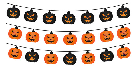Halloween Pumpkin Garland: An artistic arrangement of carved pumpkin lanterns, illuminating the festive Halloween spirit with a blend of classic and cheerful themes. 