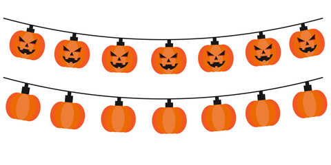 Halloween Pumpkin Lights: A festive garland of grinning pumpkin lights, suspended against a plain background, ready to cast an eerie glow for Halloween celebrations.