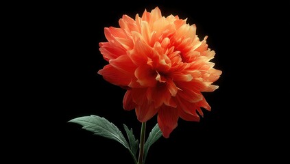 A vibrant, deep orange dahlia flower, detailed and in focus, stands out against a striking black backdrop, showcasing delicate petals and leaves.