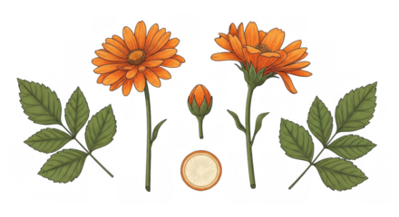 Orange flowers botanical illustration elements.