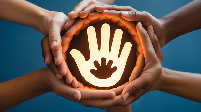 Multiple hands forming a circle around a glowing hand symbol, representing unity and support.