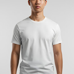 Casual model wearing white t shirt mockup with head cropped against plain clean background apparel branding