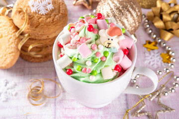 Festive tasty Christmas hot chocolate with holiday decorations