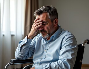 Contemplative elderly man in wheelchair - reflective mood, indoor setting, soft lighting for healthcare or support concepts