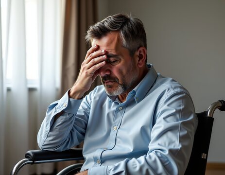 Contemplative elderly man in wheelchair - reflective mood, indoor setting, soft lighting for healthcare or support concepts
