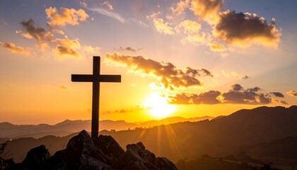 Three crosses silhouetted on a hilltop at sunset, symbolizing sacrifice, redemption, and spiritual reflection in a serene landscape.