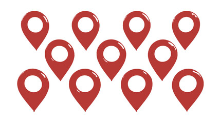 A collection of red location pin icons arranged in a grid pattern on a white background representing navigation and mapping silhouette