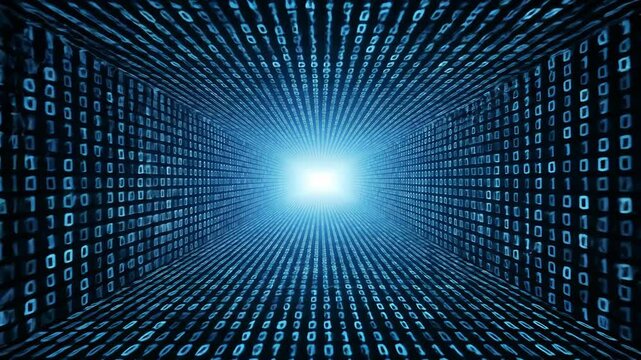 Digital tunnel of binary code receding to light