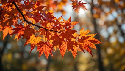 Vibrant autumn leaves, highlighted by sunlight, showcase the beauty of nature's warm hues.