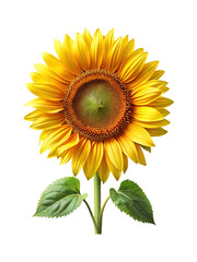 Fototapeta premium Vibrant yellow sunflower with green leaves on a white background isolated