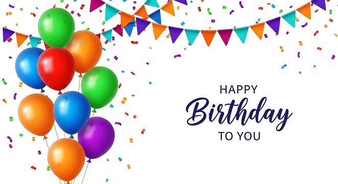 Colorful balloons and confetti celebrate a happy birthday
