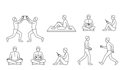 Collection of stylized line art figures in various poses demonstrating yoga meditation and walking in a minimalist silhouette style