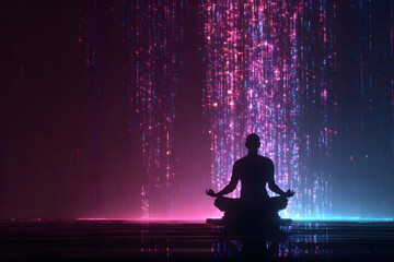 neon meditating silhouette flickering with glitch effects glowing data streams in cyberpunk wellness vibe