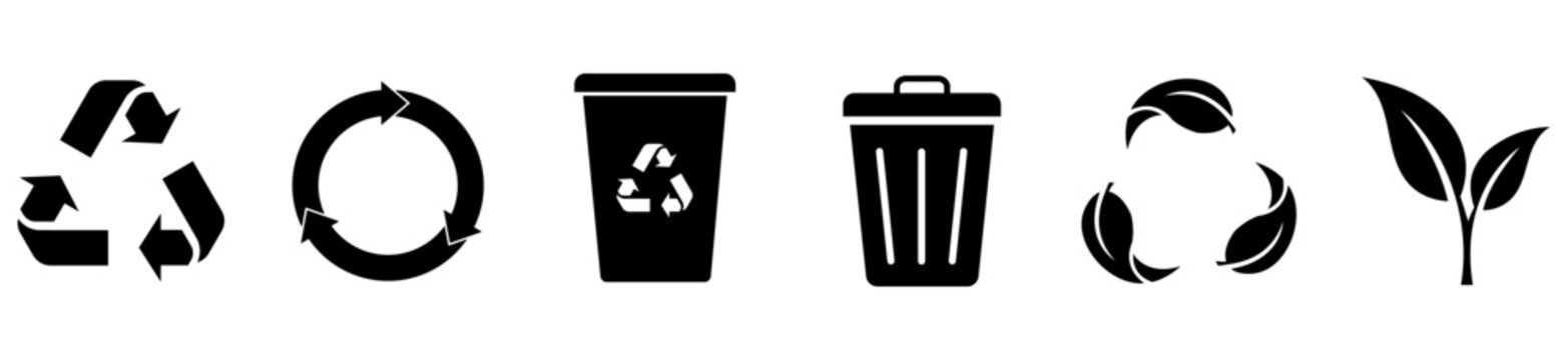 Recycling symbol and eco icons set. Recycle icons with circle arrows, trash bins, leaf loop and plant sprout vector set. recycle, leaf, eco, reduce, recycled, garbage, vector illustration