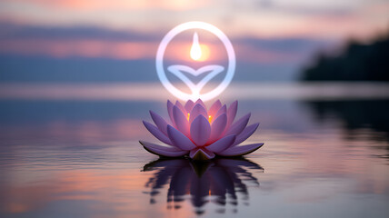 Lotus flower floating on water at sunset with glowing symbol above