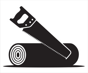 Black silhouette of hand saw cutting wooden log icon for carpentry and woodworking