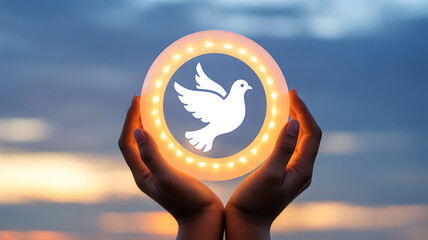 Hands holding a glowing circular symbol with a white dove against a twilight sky