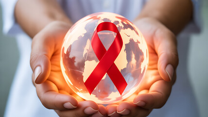 Hands holding a glowing globe with a red ribbon symbolizing global awareness for HIV/AIDS