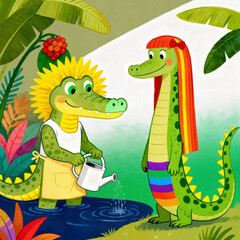 Fototapeta premium Rainbow-Haired Croc and Her Friend Rainbow and Sunshine Crocs