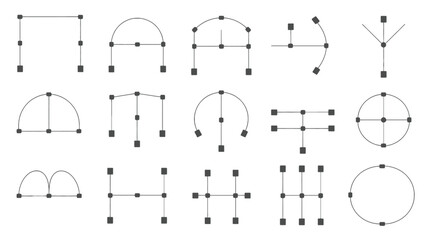 Collection of abstract geometric shapes and diagrams composed of lines and dots in a minimalist silhouette style