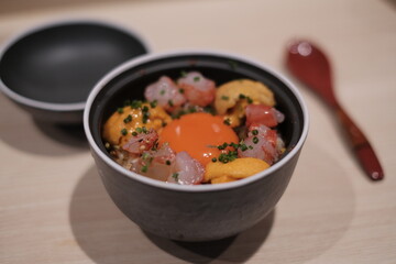Japanese fusion food in Izakaya,
Argentine Red Shrimp, urchin, egg yolk