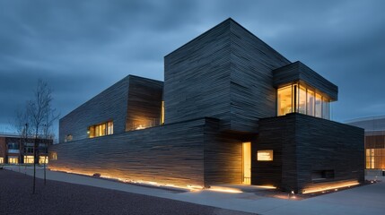 Obraz premium Modern Architectural Design of a Unique Building at Dusk