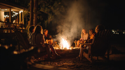 Cozy evening gathering around a crackling campfire with friends, sharing stories and enjoying the warmth of the flames under a starlit sky illuminated by soft lights.