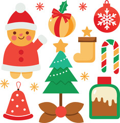 Fototapeta premium Vector art of a collection of festive christmas icons including a gingerbread man, christmas tree, bauble, stocking, candy cane, and gift, all isolated on a, perfect for holiday designs