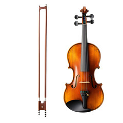 Fototapeta premium Elegant Violin and Bow Placed Side-by-Side Isolated on White Background