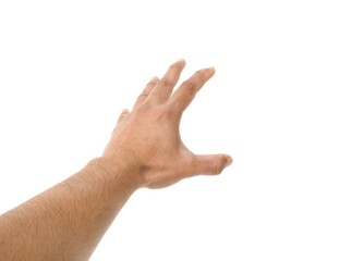 Male hand reaching for something on business concept Isolated on a white background.	