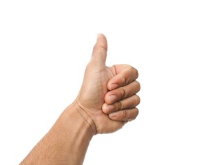Male hand giving thumbs up isolated on white background, business concept.	