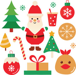 Obraz premium Vector art of whimsical arrangement of christmas characters and symbols including santa claus, festive trees, gift box, ornaments, candy cane, and a cup