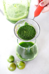 Fresh Kale Juice. Flat lay photo setup.