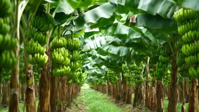 Lush green banana bunches hang heavy from rows of banana trees in a vibrant plantation.