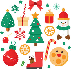 Fototapeta premium Vector art of a festive collection of christmas elements including a snowman, christmas trees, ornaments, gifts, snowflakes, and candy canes, all isolated on a