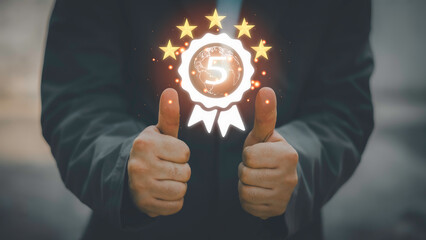 Businessman shows the sign of the top service Quality assurance 5 star, Guarantee, Standards, ISO certification and standardization concept, the best of product and service, the best quality very good