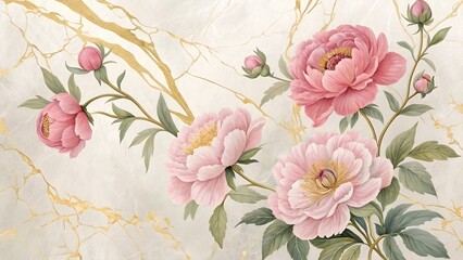 Floral wallpaper with pink peonies and marble gold background. Elegant peony mural for luxury wall decor. Watercolor style botanical illustration print with blooming flowers.
