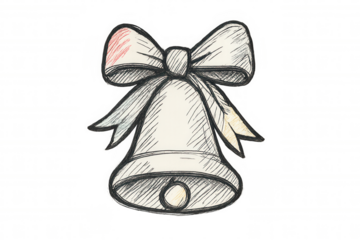 Christmas bell with a decorative bow, hand-drawn sketch illustration, celebrating holiday season, transparent background